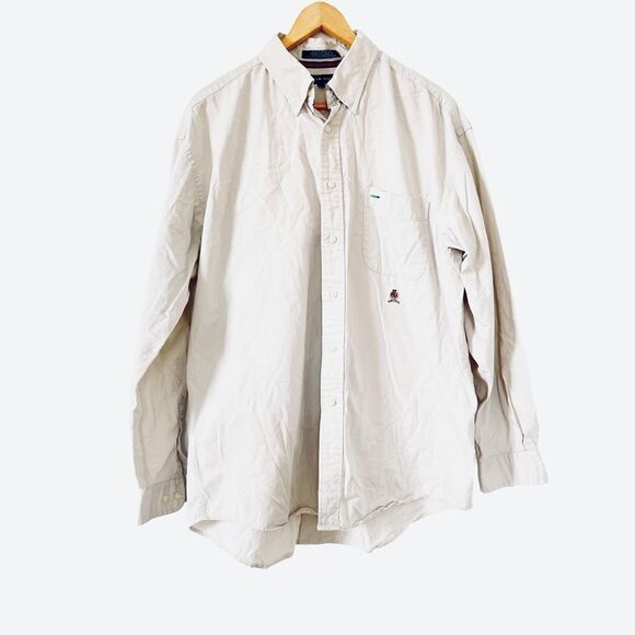 Tommy Hilfiger Beige Lion Crest Logo Long Sleeve Button Down Dress Shirt - Picture 2 of 9